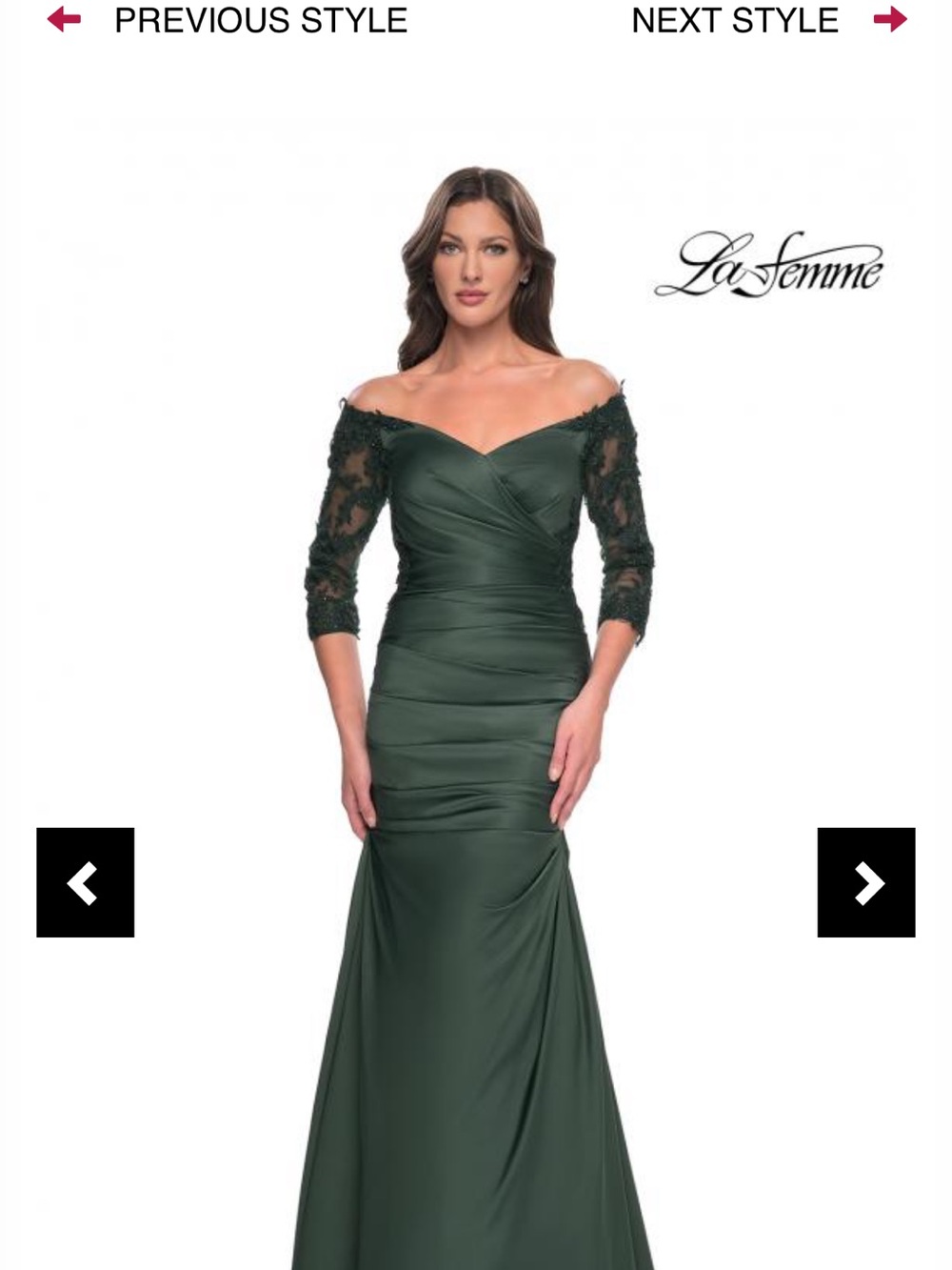 La Femme Forest Green Off-Shoulder Lace Sleeve Evening Dress